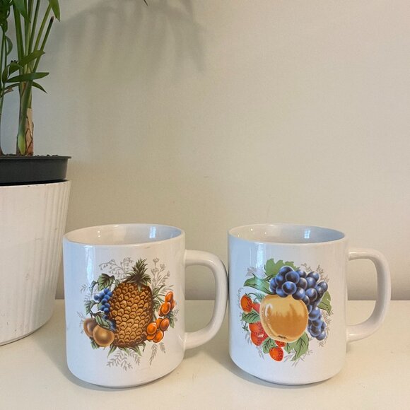 Pair of Vintage Festival Stoneware Fruit Mugs - Pineapple and Apricot - Picture 1 of 3